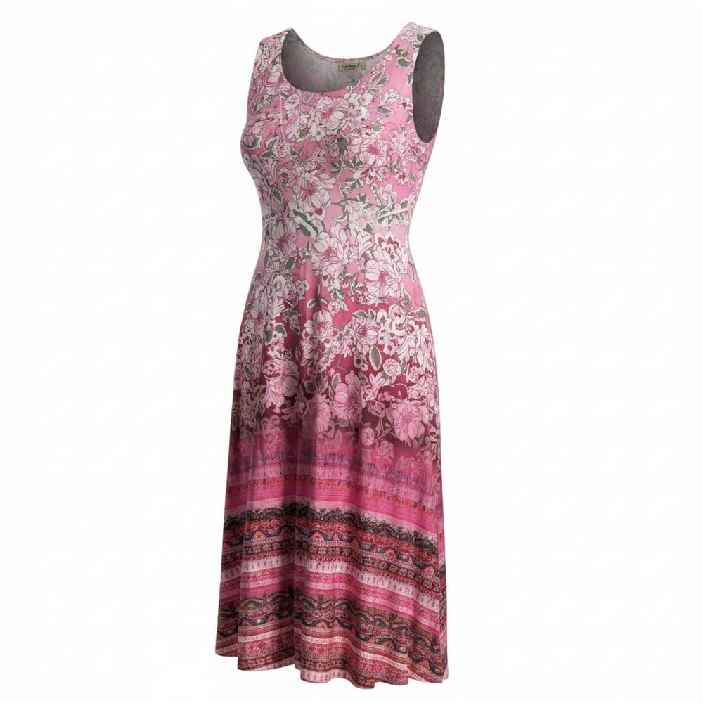 One World Pink Floral  Fairy Boho Border Print Sleeveless V-Neck Dress Large New